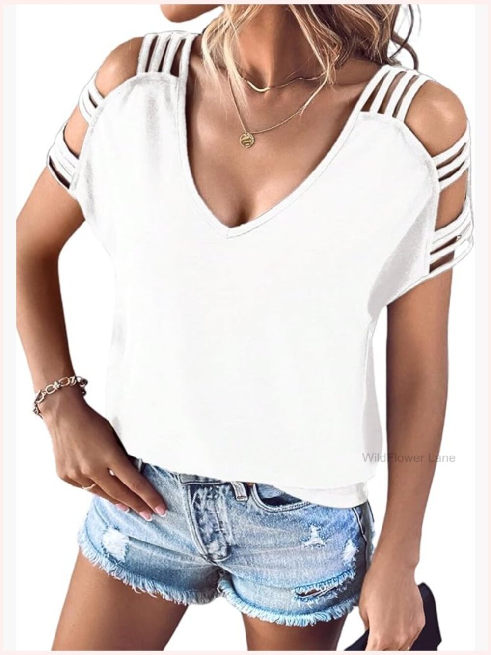 Cold Shoulder V Neck Tee Short Sleeve Concert Outfit Sexy Cut Out Top